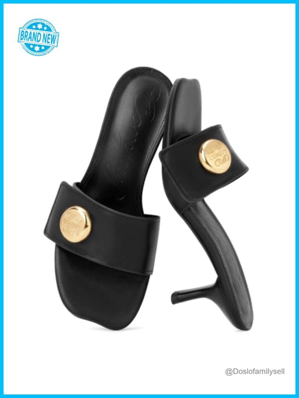 Kitten Heel Sandals Metal Button Slip On Square Open Toe Faux Leather Heels